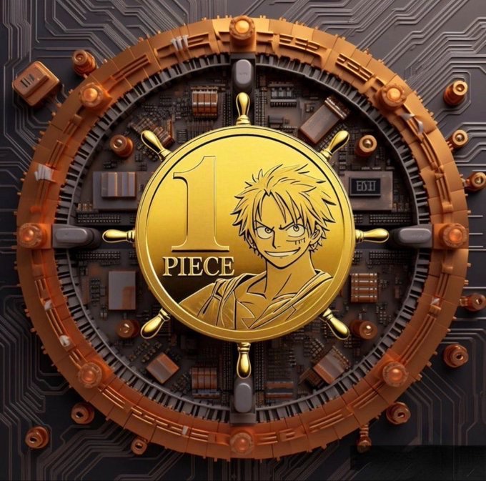 A digital artwork featuring a gold coin with an anime character and the text '1 PIECE' set within a mechanical circuit-like design.