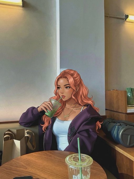 A digital illustration of a woman with long pink hair drinking a green beverage through a straw while sitting in a cafe, with a Starbucks cup visible on the table.