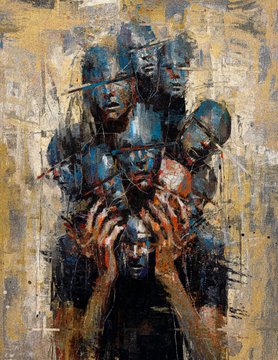 An abstract expressionist painting featuring blue-toned figures with distorted faces and red accents against a textured yellow and beige background.