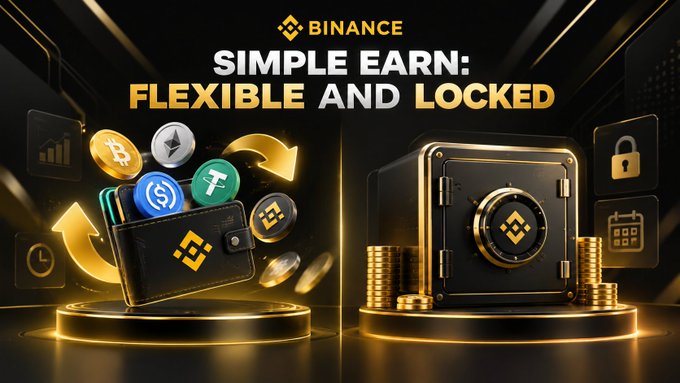 A promotional graphic for Binance advertising 'SIMPLE EARN: FLEXIBLE AND LOCKED' featuring a black and gold wallet, a safe, and various cryptocurrency coins.