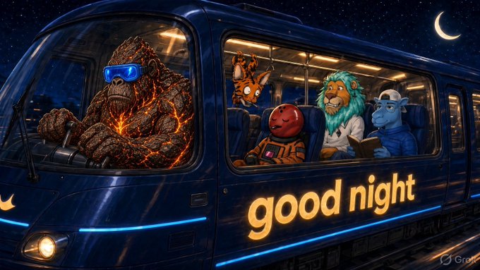 A creative illustration showing a bus at night labeled 'good night' with various characters inside, including a lava monster driving and a giraffe, lion, and alien passengers.