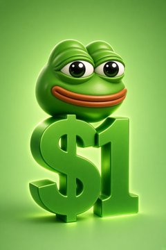 A 3D rendering of a green Pepe the Frog character hugging a large green '$1' dollar sign against a matching green background.