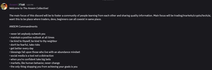 A Discord welcome message from the 'Ansem Collective' server outlining the main focus on trading/markets/crypto/tech and listing community commitments including positivity, kindness, risk-taking, and growth mindset.