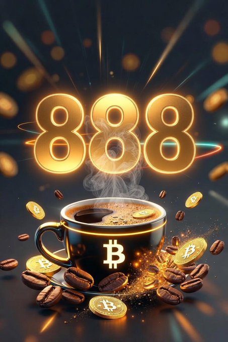 The image features a black mug filled with coffee sitting on top of a pile of gold coins. The mug has the number "888" written on it, which appears to be related to Bitcoin or cryptocurrency. The background of the image is dark blue, creating a contrast that highlights the mug and its contents. The text in the image reads: "888 Followers! Thanks to each and every one of you!". This message emphasizes the importance of the community surrounding Bitcoin and cryptocurrency, as well as the value of the followers who support these digital assets.