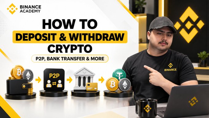A YouTube thumbnail for 'BINANCE ACADEMY' shows a man pointing to a graphic titled 'HOW TO DEPOSIT & WITHDRAW CRYPTO: P2P, BANK TRANSFER & MORE', illustrating icons of cryptocurrency, P2P trading, a bank, and a card.