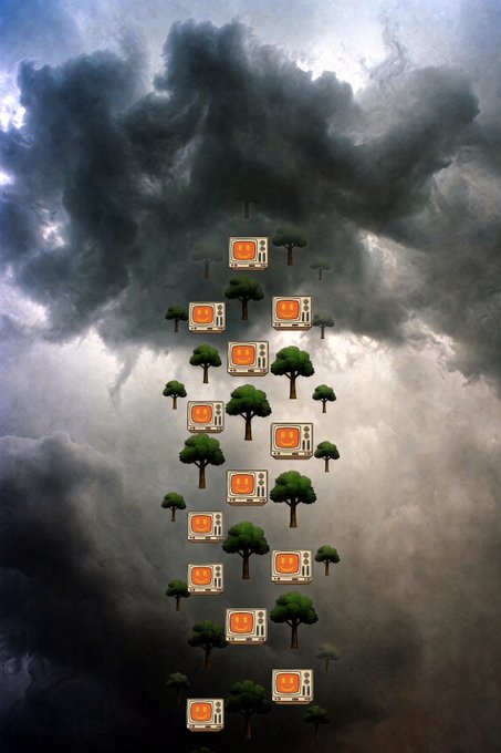 A surreal digital artwork featuring small trees and television-like boxes with orange faces arranged in a vertical pattern against a dramatic cloudy sky background.