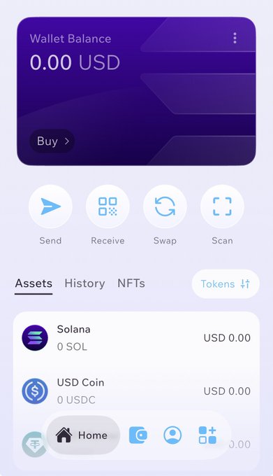 A crypto wallet app interface showing a wallet balance of 0.00 USD with options to Send, Receive, Swap, and Scan, displaying Solana and USD Coin assets both at 0.00.