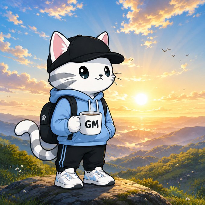 An animated cartoon cat wearing a black cap, blue hoodie, and backpack, holding a mug with 'GM' on it while standing on a hill overlooking a sunset landscape.