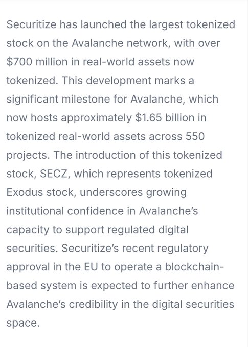 A news article about Securitize launching the largest tokenized stock (SECZ, representing Exodus) on the Avalanche network, with over $700M in tokenized real-world assets, bringing Avalanche's total to ~$1.65B across 550 projects.