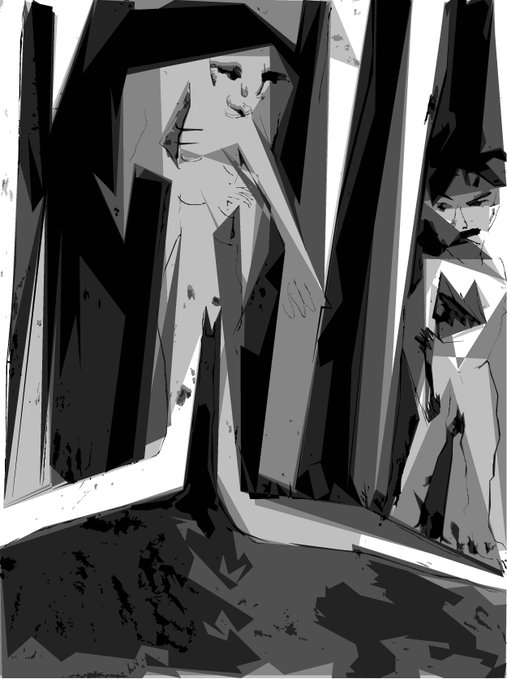 A grayscale digital illustration of two figures standing in a doorway; a tall figure in a hooded cloak in the center and a smaller figure in the background, rendered in a stylized, angular art style.