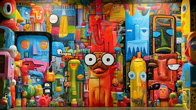 A vibrant, colorful mural-style abstract artwork featuring numerous cartoonish faces, eyes, and quirky characters in bold primary colors.