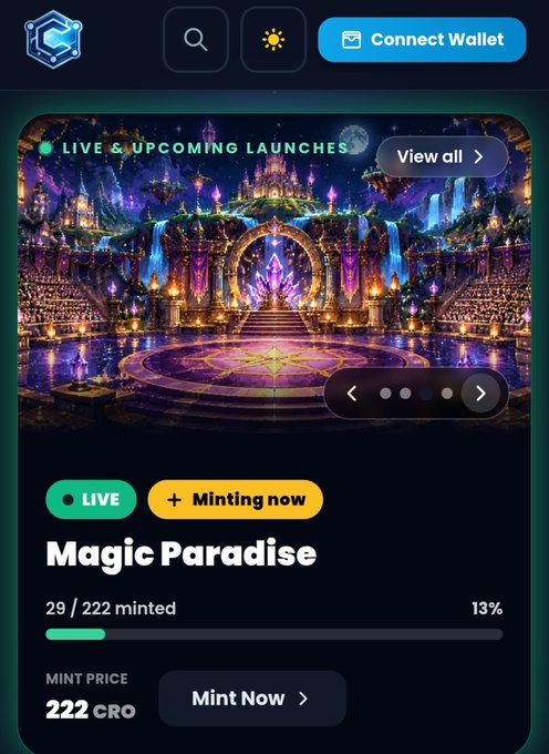 A mobile app screenshot for an NFT platform showing "Magic Paradise" as a live minting collection, with 29/222 minted at 13%, priced at 222 CRO, featuring a colorful fantasy castle image.