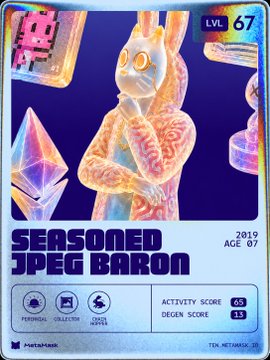 A holographic trading card titled "SEASONED JPEG BARON" at LVL 67, dated 2019, age 07, showing an activity score of 65 and degen score of 35, ties into the post celebrating Little Fox Wallet's 10th anniversary by playfully framing the user's 2019 MetaMask wallet with 87M transaction volume as a "degen NFT baron" achievement.