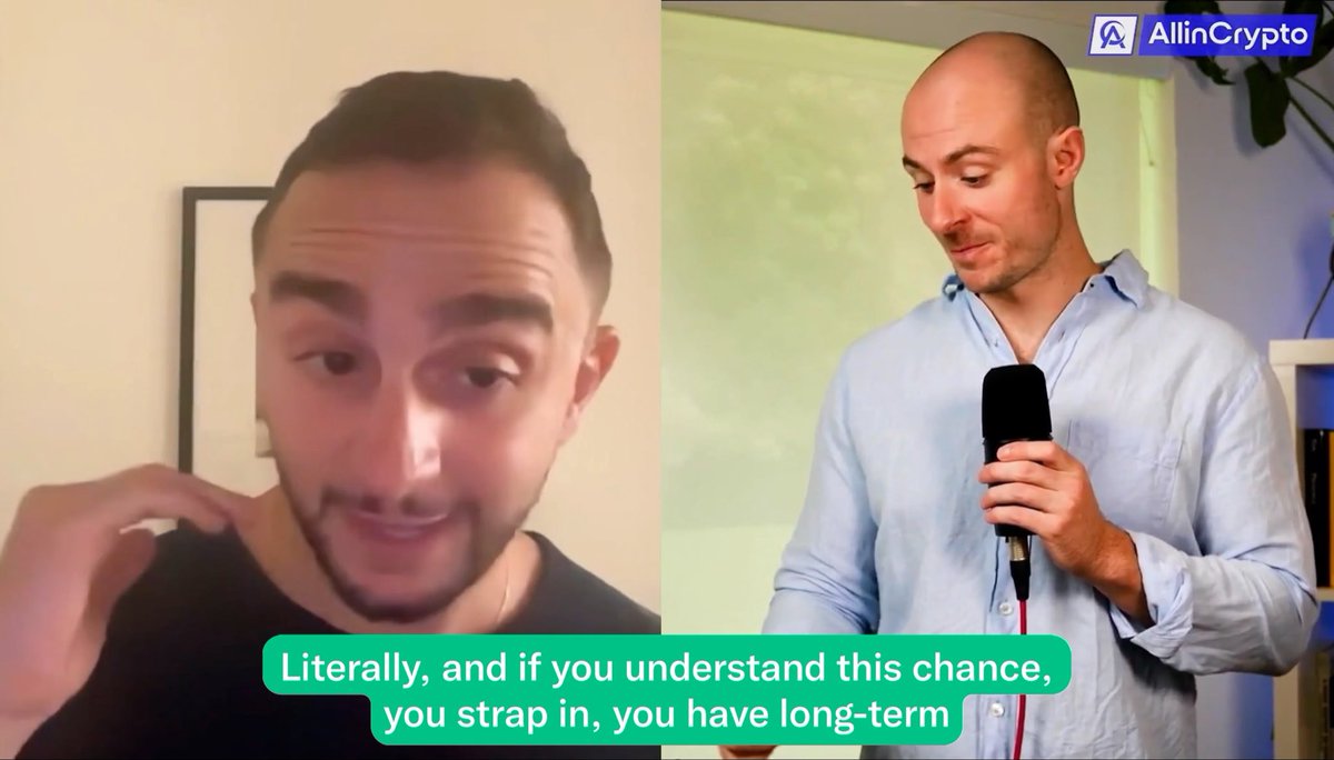 Split-screen video from 'AllinCrypto' showing a man on a webcam and another man holding a microphone, with subtitles reading 'Literally, and if you understand this chance, you strap in, you have long-term'.