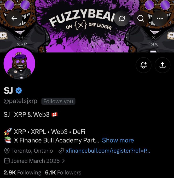 The image shows a Twitter/X profile for @patelsjxrp ("SJ"), featuring a purple "FuzzyBear on XRP Ledger" banner, 6.1K followers, and a bio highlighting XRP, XRPL, Web3, and DeFi, which aligns with the post celebrating SJ as a dedicated XRP community member.
