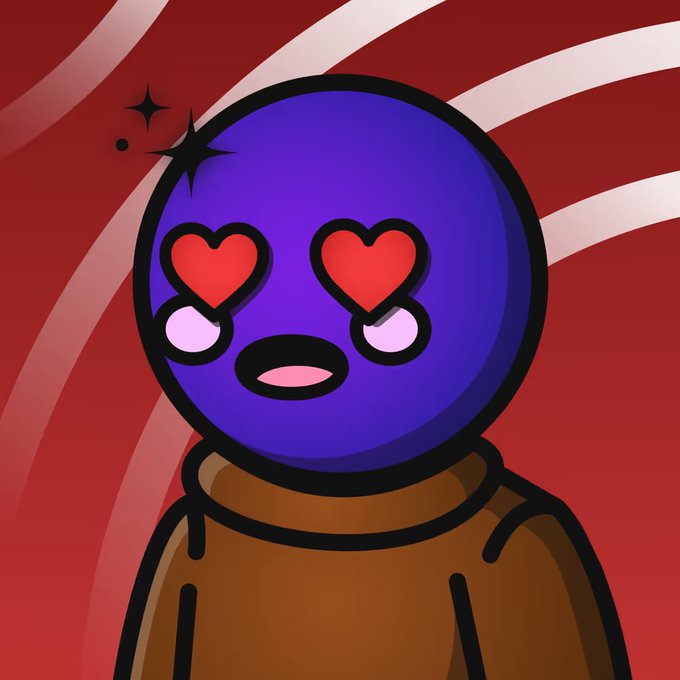 A cartoon illustration of a round purple character with heart-shaped eyes and an open mouth, wearing a brown garment against a wavy red background with sparkle details.