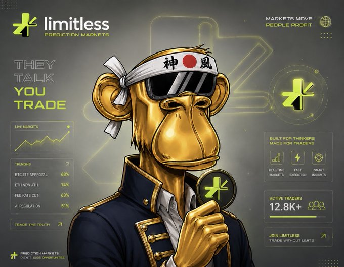 A promotional graphic for 'limitless' prediction markets featuring a golden monkey character wearing sunglasses and a headband with Japanese characters, alongside stats like 'BTC ETF APPROVAL 68%'.