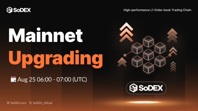 SoDEX mainnet upgrade scheduled for August 25 from 06:00-07:00 UTC. The promotional image announces the planned downtime for the high-performance L1 order-book trading chain's upgrade, which was subsequently confirmed as successfully completed in the accompanying post.