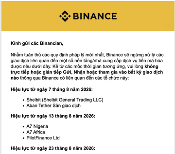 A Binance announcement in Vietnamese stating that Binance will stop supporting stock token trading services, with the earliest delisting dates being August 7, 2026, for Shebit and Ab Tether Gold.