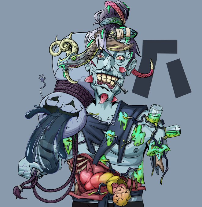 A cartoon illustration of a zombie-like character with exposed organs, a snake, and lizards on its head, holding a glowing green object.
