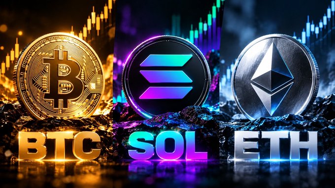A graphic displaying three cryptocurrency coins side by side: BTC (Bitcoin) in gold on the left, SOL (Solana) in neon colors in the middle, and ETH (Ethereum) in silver on the right.