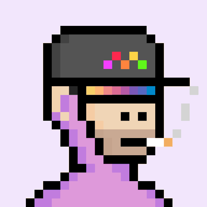 Pixel art character wearing a purple robe, with a black CRT monitor displaying a color palette serving as their head, smoking a cigarette.
