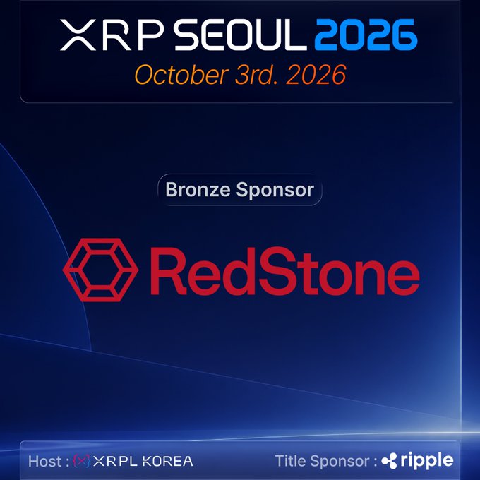 A promotional graphic for 'XRP SEOUL 2026' on October 3rd, 2026, featuring 'RedStone' as a Bronze Sponsor, hosted by XRPL KOREA with Ripple as the Title Sponsor.