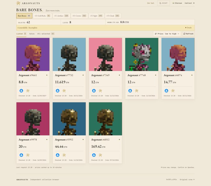 A screenshot of the ARGONAUTS NFT marketplace shows a grid of 'BARE BONES' pixel art skeleton collectibles listed for various prices in ETH, including 'Argonaut #9661' for 8.8 ETH.
