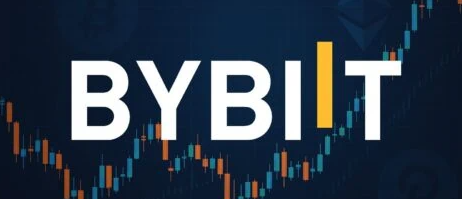 The Bybit logo is displayed in white and yellow text against a dark blue background featuring a financial candlestick chart.