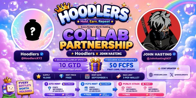 A colorful promotional banner for the "HOODLERS Collab Partnership" with John Hasting, featuring a mystery silhouette and an anime character, advertising a free NFT mint on September 4 with 10 GTD spots and 50 FCFS spots, matching the tweet's giveaway details and timeline of GTD at 2 PM UTC, FCFS at 3 PM UTC, and public mint from 4–5 PM UTC.