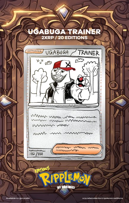A trading card titled 'UGABUGA TRAINER' with '2XRP / 20 EDITIONS' displayed at the top, showing a sketch-style illustration of a bearded man in a red and white cap holding a Poké Ball, with the 'RIPPLEMON by DAKIMICI' logo and 'xrp.cafe/collections/ripplemon-editions' at the bottom.