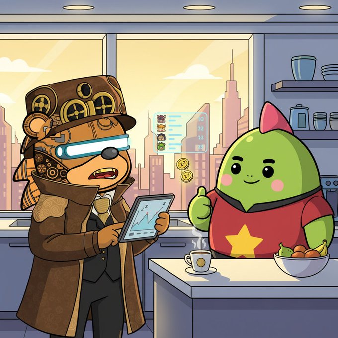 The image features a cartoon bear wearing a brown suit standing at a kitchen counter, holding a tablet computer with an open screen displaying some data or information. A green monster character is sitting next to him on the counter, also looking at the tablet. The background of the image shows a window overlooking a cityscape, giving the impression that they are in a modern urban setting.