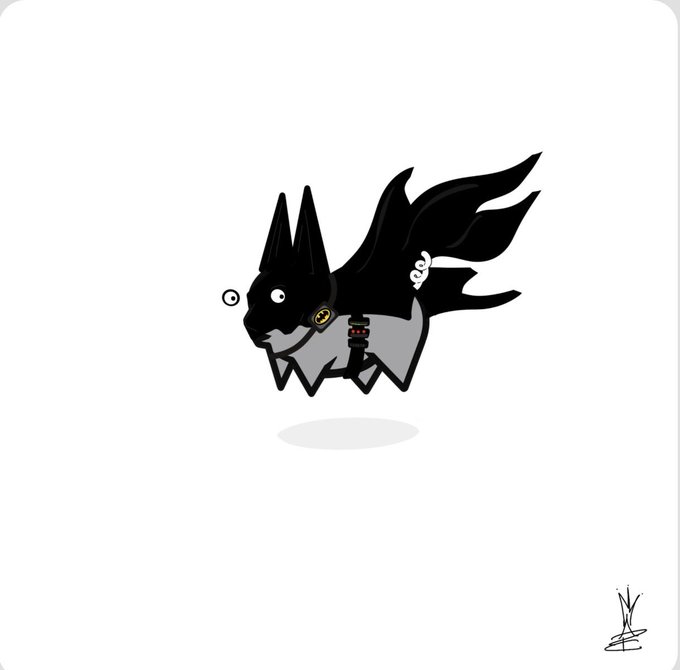 A cartoon illustration of a black and grey creature with fox-like features and large flowing tails, appearing to float above a shadow.