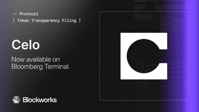 The image is a promotional graphic featuring Blockworks' branding and the Celo logo (a large white "C" on a black background), with text announcing "Celo's Token Transparency Filing" is now available on Bloomberg Terminal. The background contains code-like terminal output referencing fields such as "FILING TYPE," "PROTOCOL," "DISCLOSURE SCORE," and "GOLDEN GATEWAY," tying into the post's message about Celo's standardized disclosure being accessible on Bloomberg—a key moment for institutional transparency in the crypto space.
