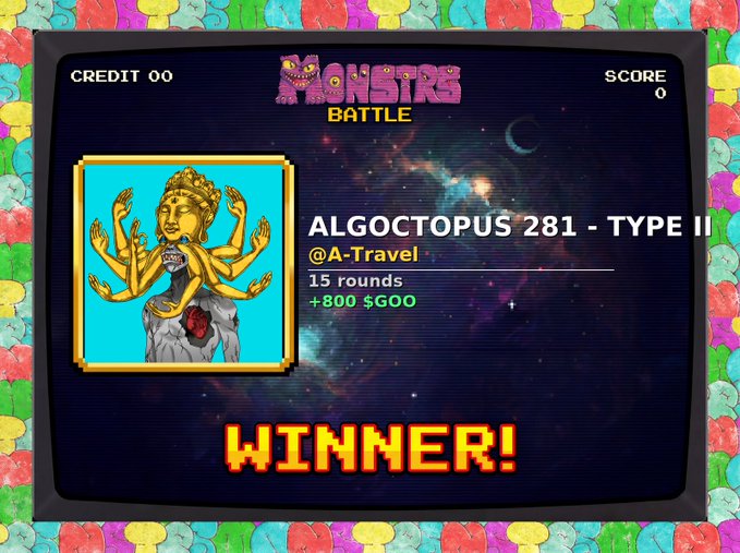 The image features a poster for an arcade game called "BLOP WORLD enters the ARENA The MONSTERS open the gates and @BLOP_WORLD answers the call. ARCADE ARENA is live - $GOO and $ALGO on the line. Same ring, same stats, one rule: only the toughest stay standing."