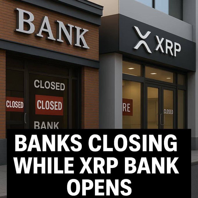 The image shows two storefronts side by side—a traditional bank with "CLOSED" signs plastered across its windows, and an "XRP" branded building that remains open. Bold text at the bottom reads "BANKS CLOSING WHILE XRP BANK OPENS," visually reinforcing the post's message about 312 bank branches closing as XRP expands into traditional financial and media sectors.