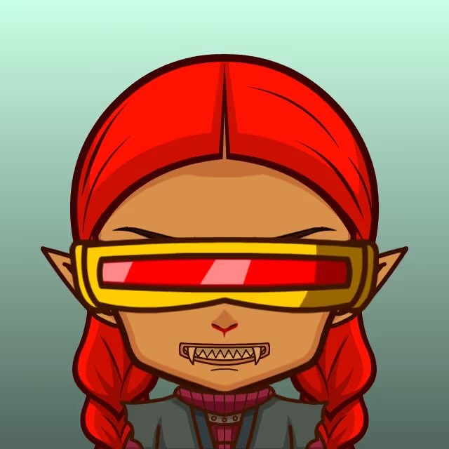 A digital illustration of a red-haired character with pointed ears wearing yellow and red futuristic visor-style goggles.