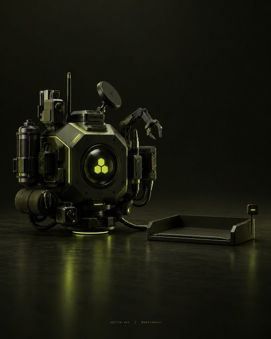 A sci-fi cylindrical robotic device or drone with yellow-green glowing accents, featuring a camera lens, satellite dish, and robotic claw arm, sitting on a dark reflective surface.
