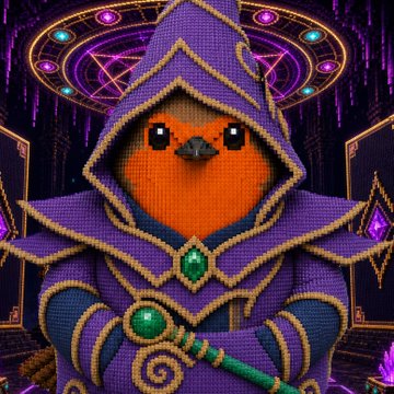 A pixel-art orange bird named Robert is depicted dressed as a wizard in an elaborate purple hooded robe with gold trim and a green gemstone, standing before a glowing magical pentagram. The image references the post's choice between "The Dark Magician Robert" and "Blue Eyes White Dragon Robert" by portraying him in the iconic Dark Magician aesthetic.