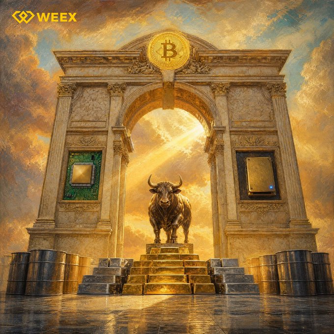A majestic stone archway bearing the Bitcoin symbol at its peak frames a golden bull statue standing atop stacked gold bars, flanked by a computer chip and safe, with the "WEEX" logo in the top-left corner—visually reinforcing the caption's bullish sentiment that crypto's upward momentum is unmistakable.