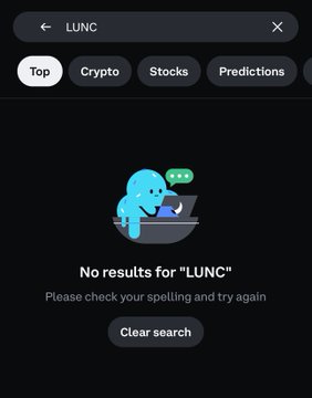 The image shows a cell phone screen with a search bar open for a cryptocurrency exchange, specifically for "LUNC" or "LUNC coins". The current search results appear to be zero as there are no more results found. The main focus of the image is the text displayed on the screen about the status of the "LUNC" search and its relationship to the post.