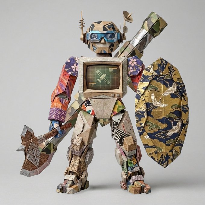 A robot figure decorated with various traditional Japanese patterns and fabrics, holding a sword and shield, with a small screen displaying a satellite on its chest.