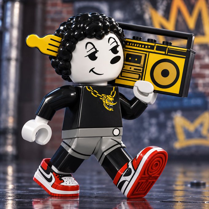 A LEGO-style figurine of a person with curly black hair, wearing a black shirt with a yellow logo, gold chain, gray shorts, and red and white sneakers, carrying a yellow boombox.