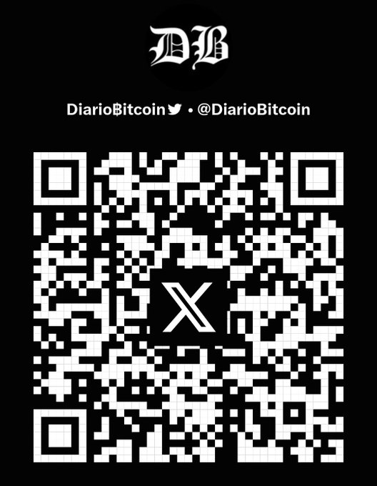 A black image featuring the DiarioBitcoin logo and Twitter handle '@DiarioBitcoin' above a large QR code with an X logo in the center.