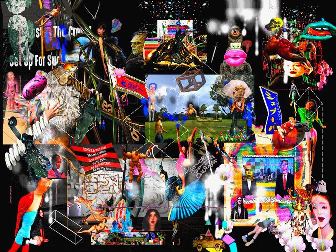 A chaotic digital collage filled with internet memes, pop culture references, distorted images, and text including 'Get Up For Survival' against a black background.