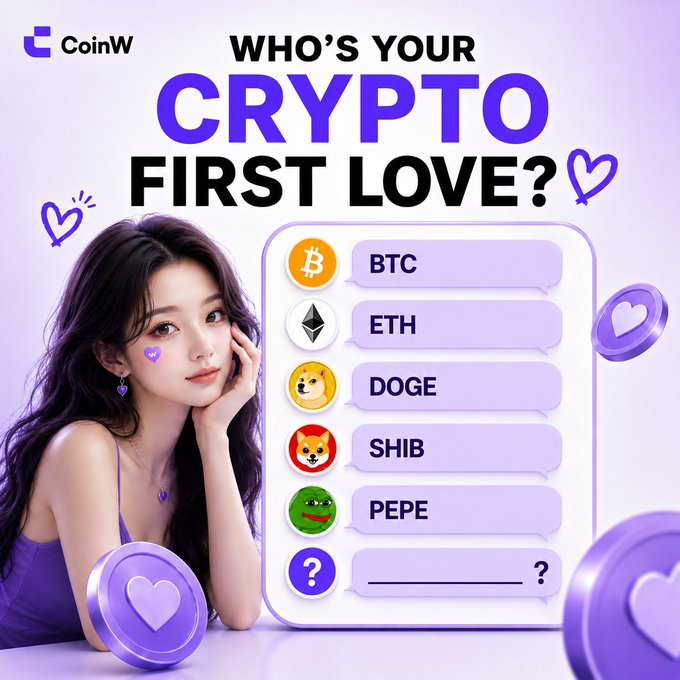 The image is a CoinW giveaway ad featuring "WHO'S YOUR CRYPTO FIRST LOVE?" with a young woman resting her chin on her hand beside a list of cryptocurrencies (BTC, ETH, DOGE, SHIB, PEPE) and a blank entry marked with a question mark, prompting users to share their favorite token for a chance to win USDT.