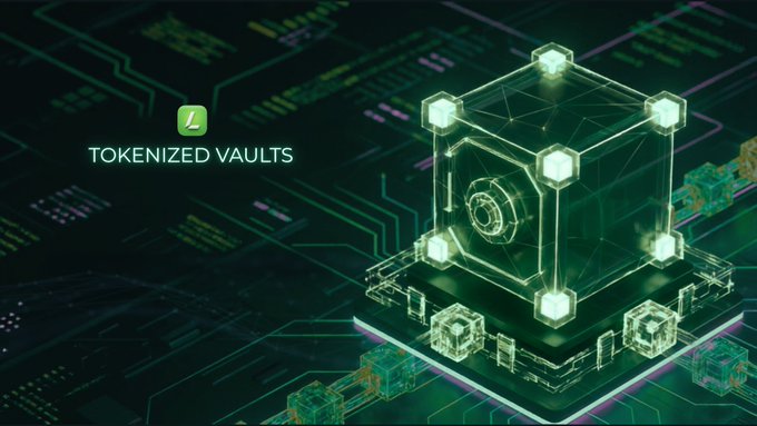 The image features a 3D rendering of a green cube with white lights inside, surrounded by other cubes that are connected together. The background of the image is black, which contrasts with the vibrant green color of the cube. Below the cube, there's text that reads "Tokenized Vaults" and "@base I have been building for months and is now nearing completion." This suggests that the cube represents a new infrastructure or platform related to tokenization, and it has been in development for quite some time. The post seems to be promoting this new infrastructure and its potential uses.