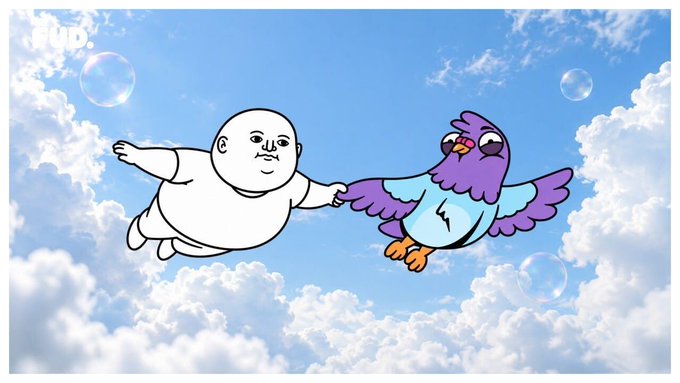 A cartoonish image featuring a white round character flying through a cloudy blue sky alongside a purple and blue bird, with the 'FUD' logo in the top left corner.