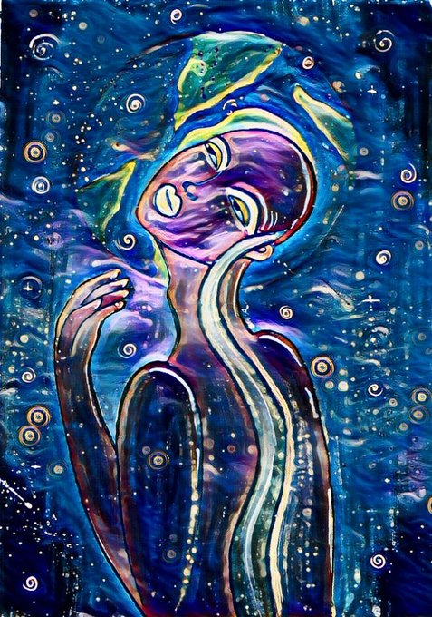 The image shows an expressionist painting of a figure with a purple and pink face tilted sideways, eyes squeezed shut in apparent anguish, one hand raised near the head, while long flowing blue hair cascades down amid a deep blue background scattered with small white swirls and dots that evoke a suffocating, star-filled void.