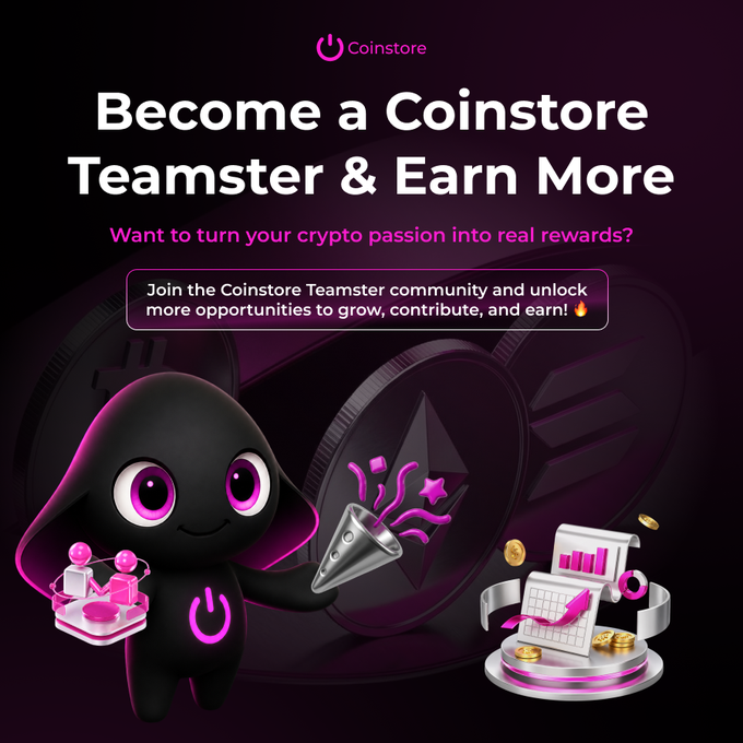 A promotional graphic for Coinstore titled 'Become a Coinstore Teamster & Earn More' featuring a black and purple hooded mascot character holding a megaphone next to crypto and trading-themed icons.